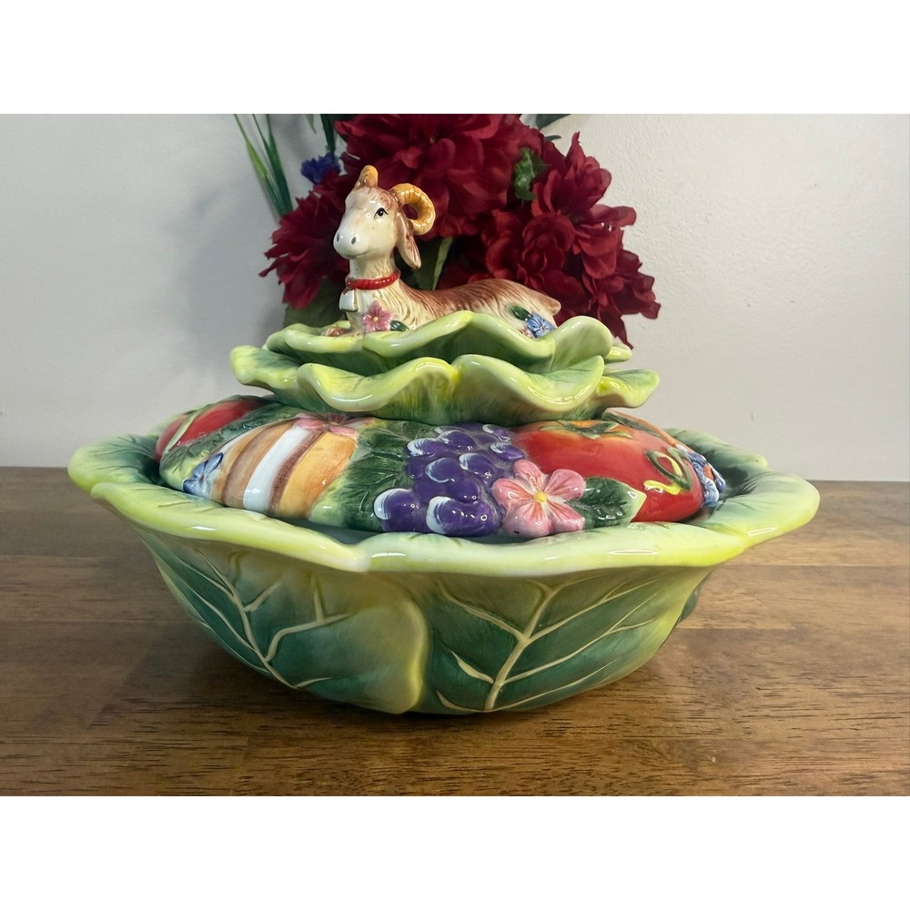 Fitz & Floyd Country Chic Ram Covered Vegetable Bowl Tureen Fruit Garden Decor